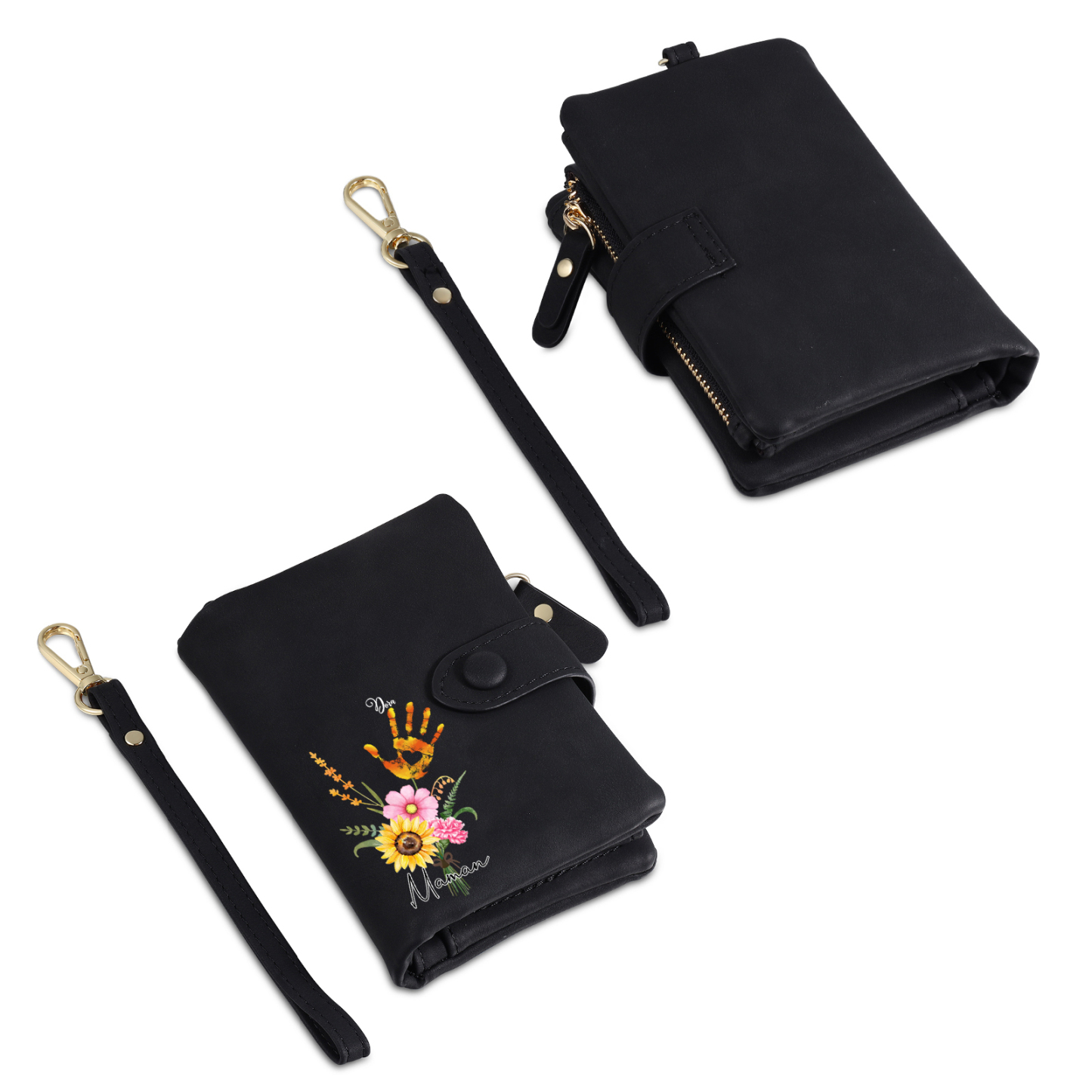 Portefeuille Fleurs 1 Prénom et 1 Texte Personnalisés Porte-Monnaie Carte pour Femmes