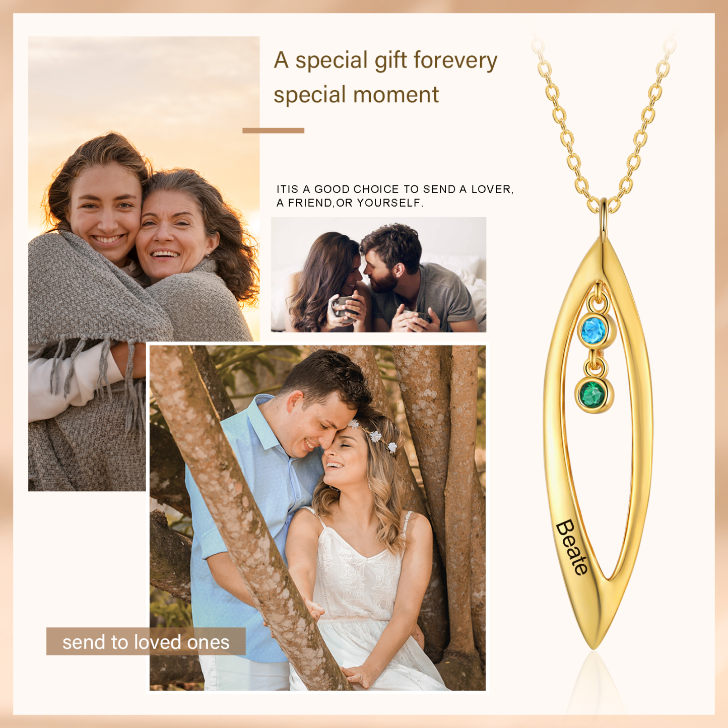 Collier Pendentif Feuilles 1 Prénom et 2 Pierres de Naissance Personnalisés Collier Femmes