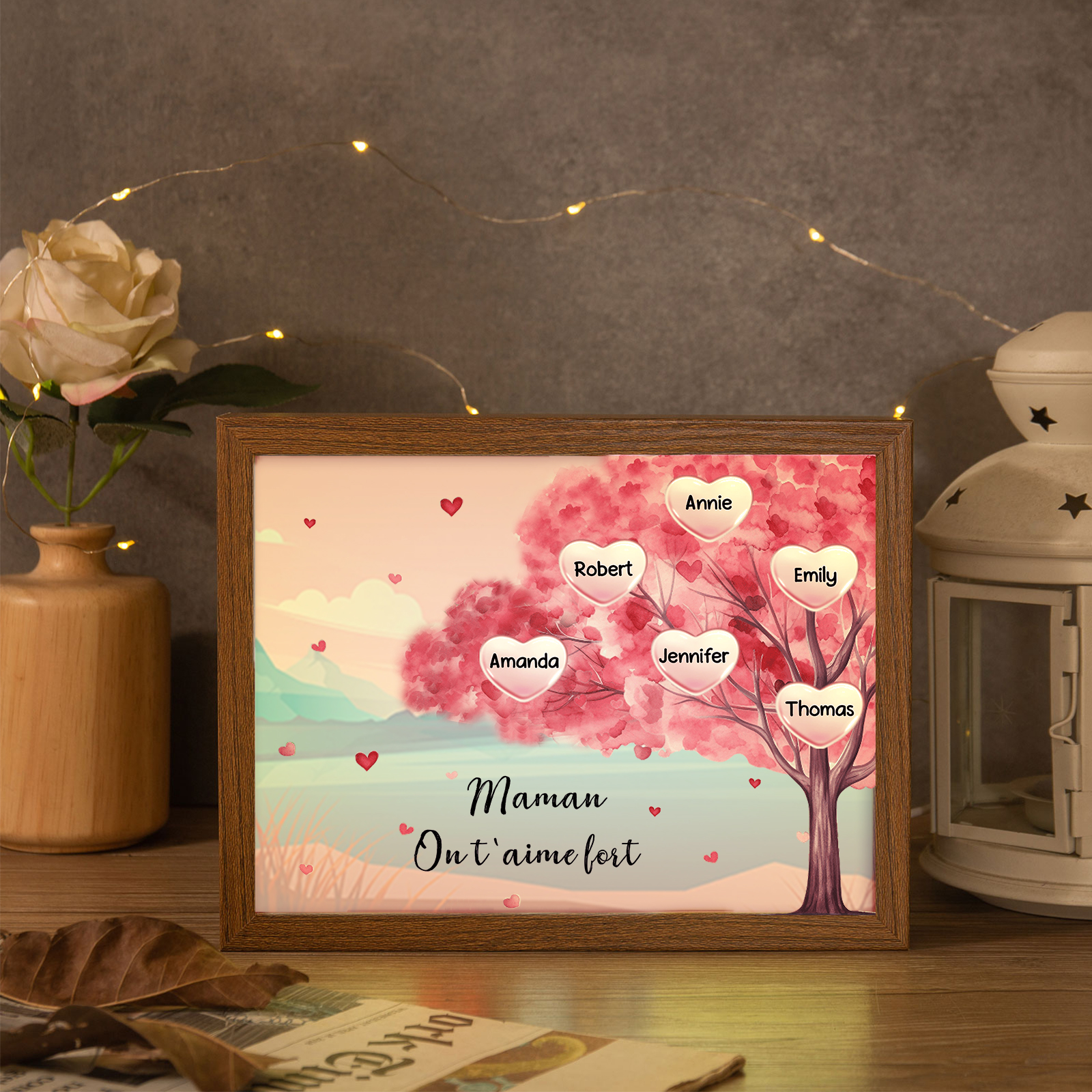 Cadre Photo LED Arbre 6 Prénoms Personnalisés avec 1 Texte Décoration Famille