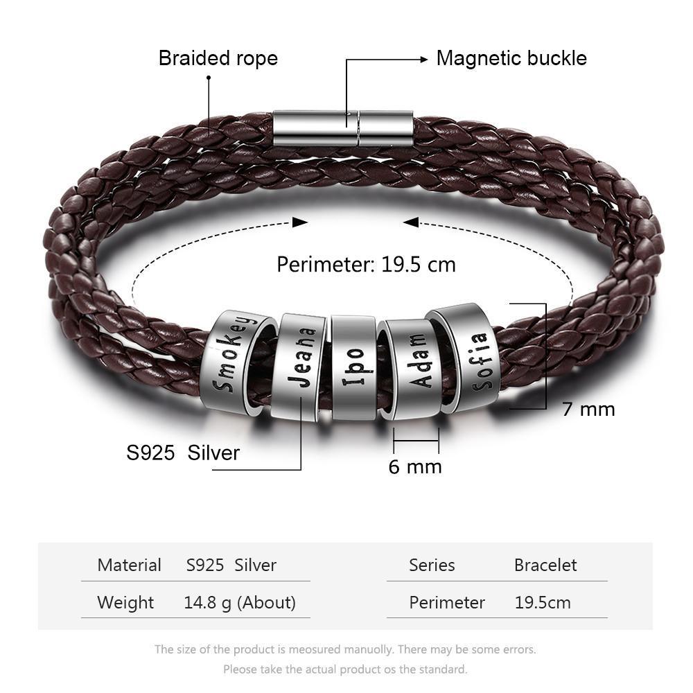 Bracelet Cuir tressé Prénom Personnalisé Bracelet Homme Avec 5 Perles
