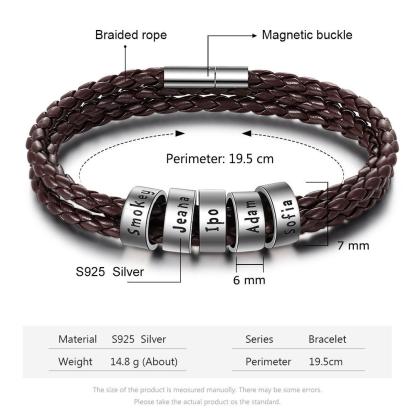 Bracelet Cuir tressé Prénom Personnalisé Bracelet Homme Avec 5 Perles