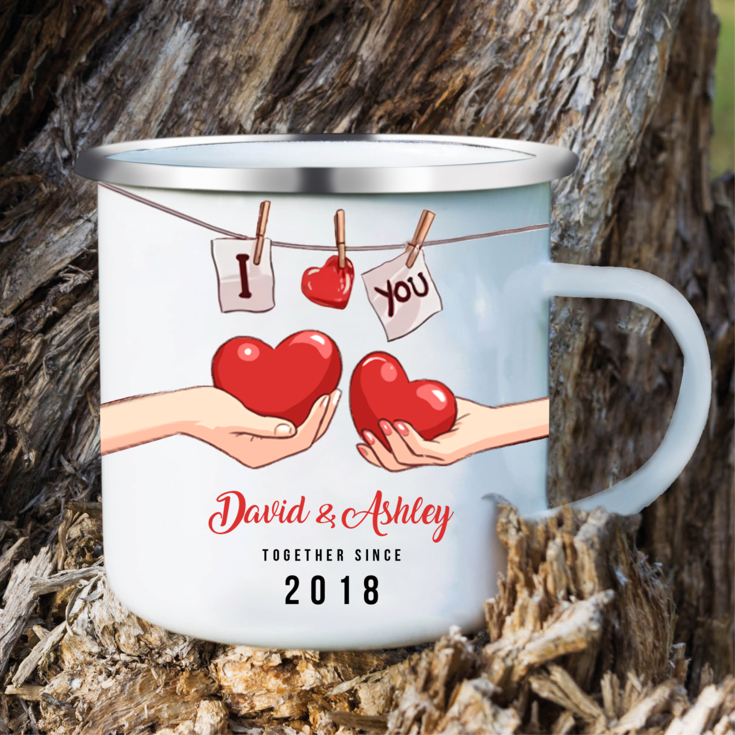 Tasse émaillée 2 Prénoms Personnalisés avec Texte et Année pour Couple