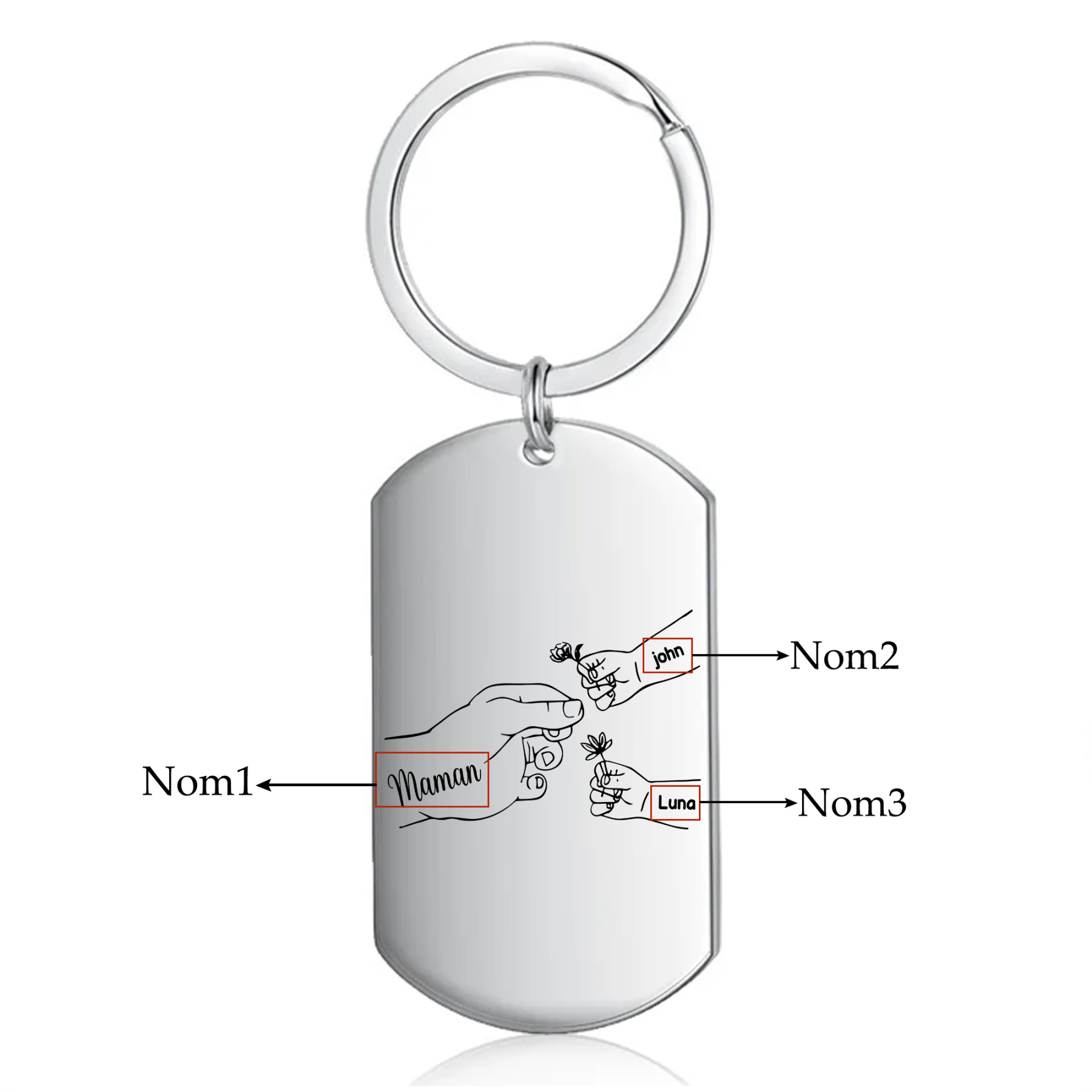 À ma Maman/Mamie - Porte-Clés 2-7 Prénoms Personnalisés Porte-Clés Mains et Fleurs
