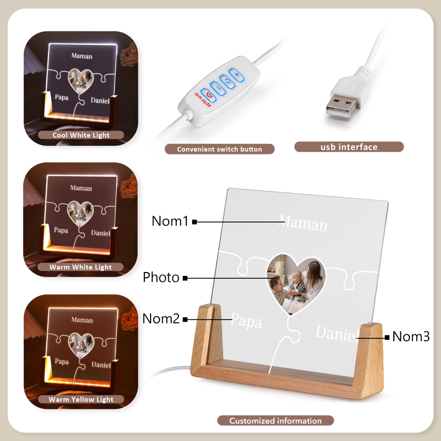 Lampe de chevet LED Puzzles 3 Prénoms Personnalisés avec Photo pour Famille