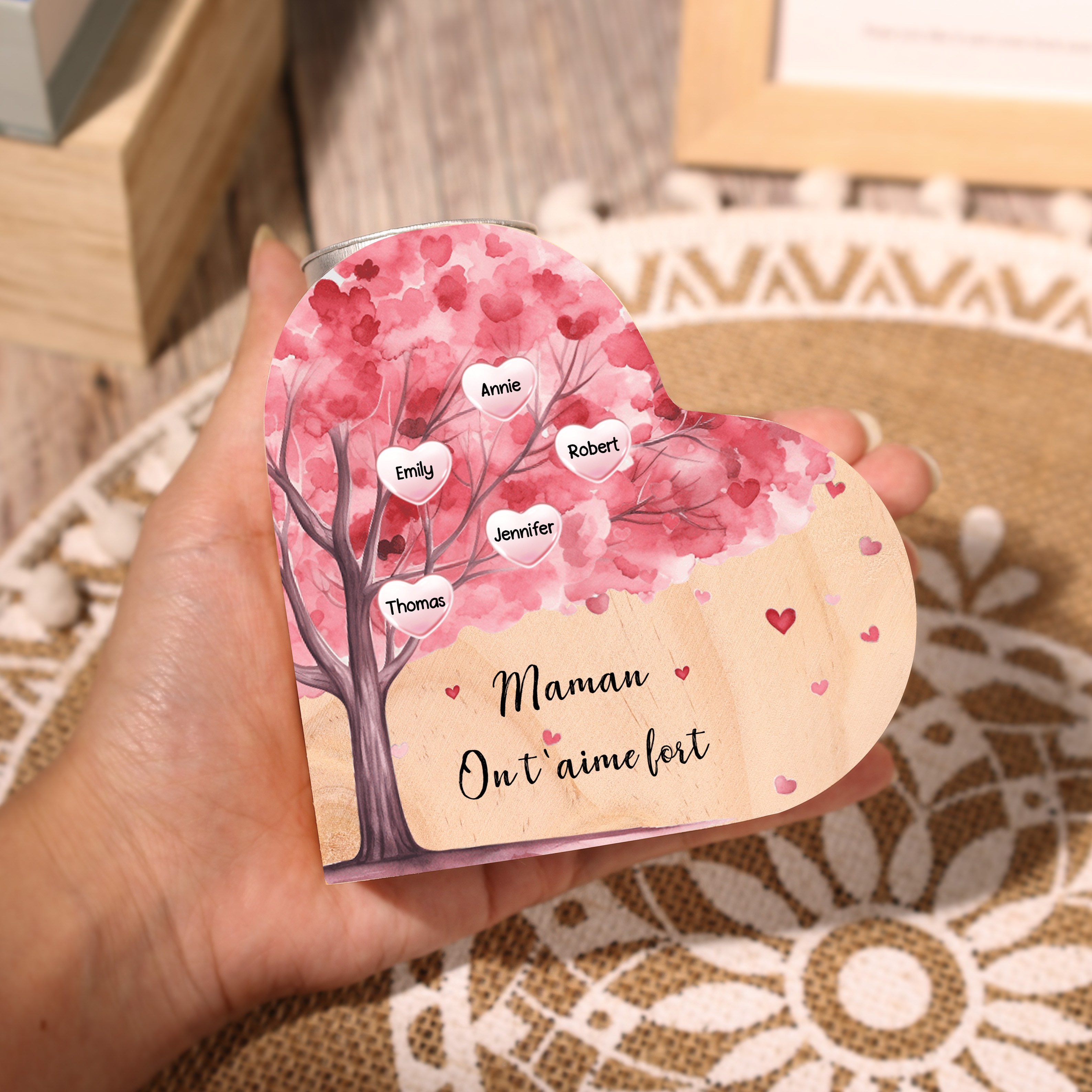 À Ma Maman/Mamie - Bougeoir en Bois Arbre 5 Prénoms et 1 Texte Personnalisés pour Famille sans bougie