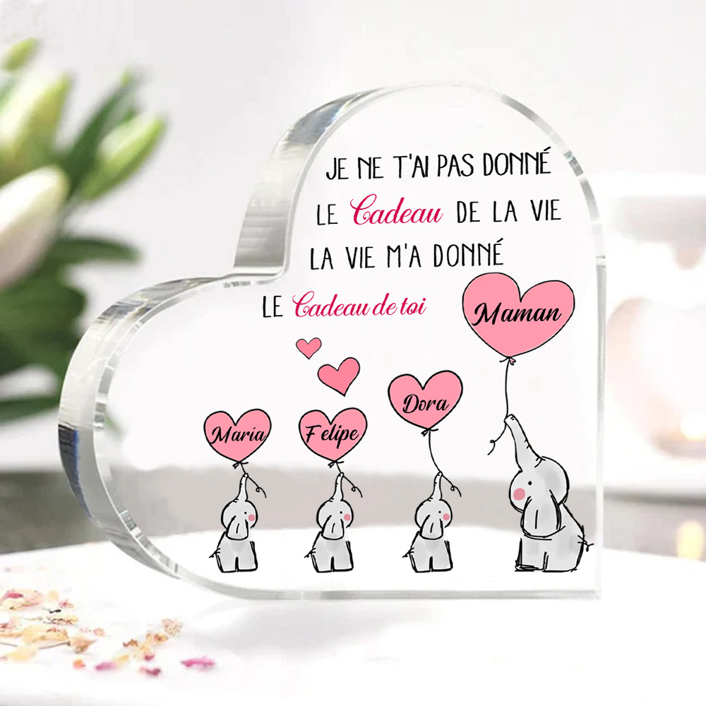À ma Maman - Plaque Acrylique en Forme de Cœur éléphant 4 Prénoms Personnalisés