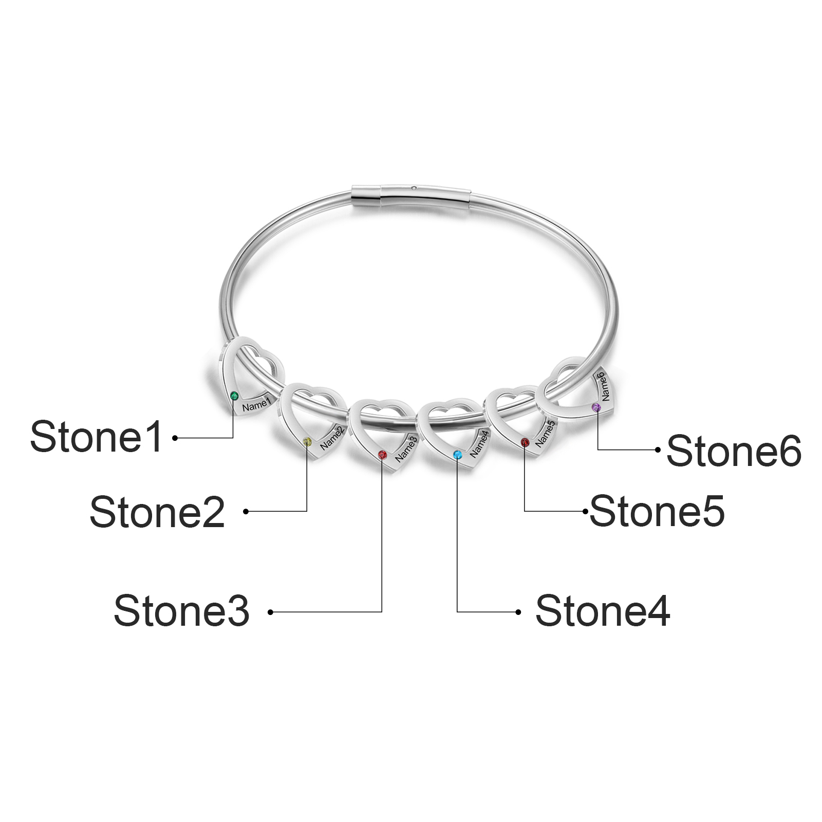 Bracelet jonc 6 Prénoms Personnalisés avec 6 Pierres de Naissance