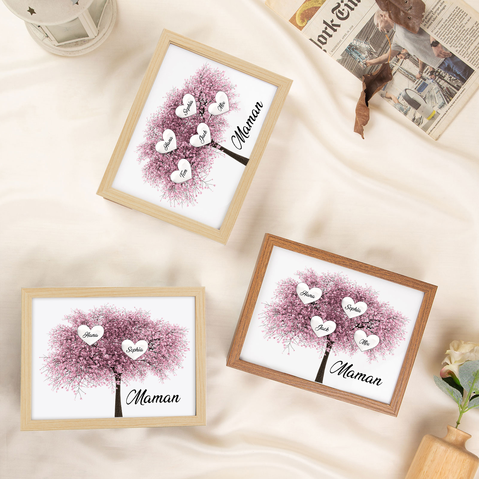 Cadre Photo LED Arbre de Vie 2 Prénoms et 1 Texte Personnalisé Décoration Famille