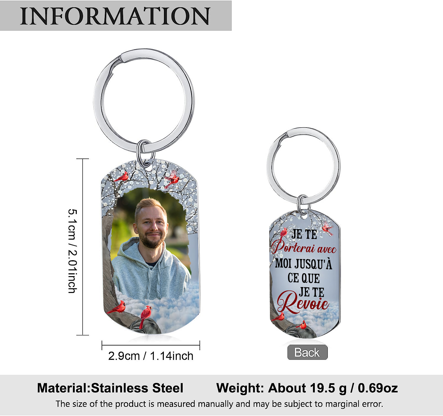 Porte-Clés Commémoratif 1 Photo Personnalisée Je te porterai avec moi jusqu'à ce que je te revoie