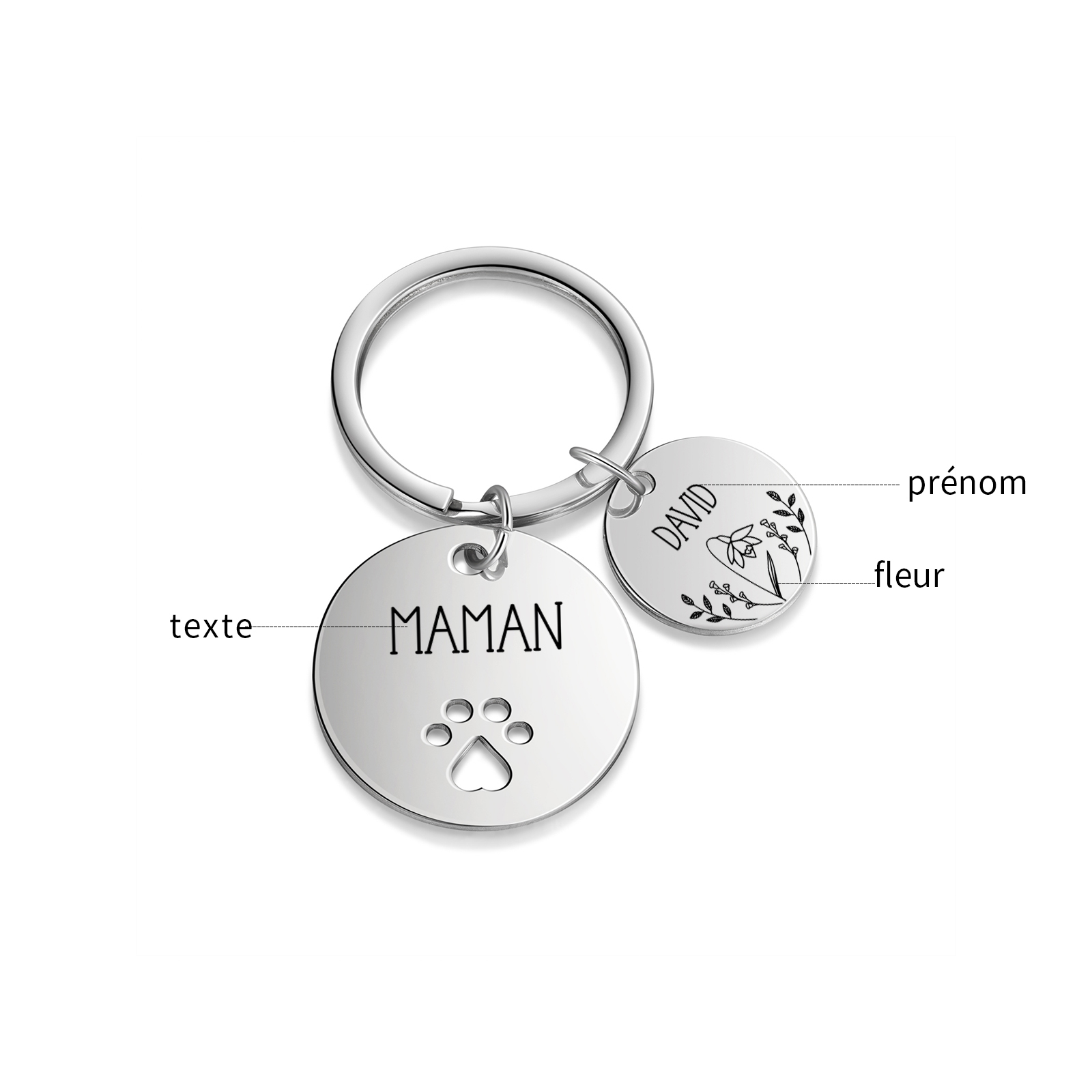 Porte-Clés patte 1 Prénom et 1 Texte Personnalisés avec Fleur de Naissance