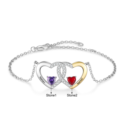 Bracelet Cœur Braelet Personnalisé Femme 2 Prénoms Personnalisé avec 2 Pierres de Naissance｜Jessemade