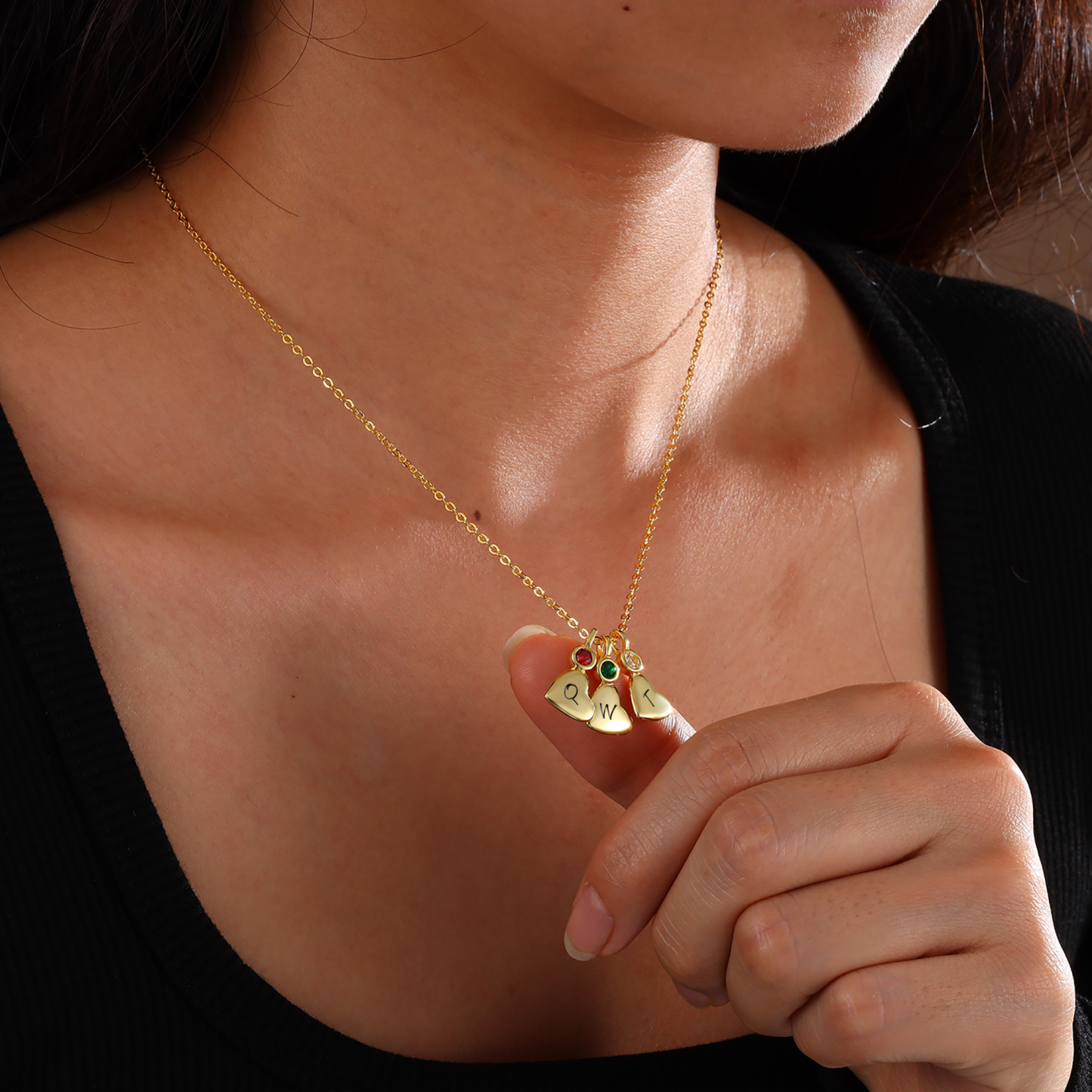 Collier Pendentif Cœur 2 Lettres Personnalisées avec Pierre de naissance pour Femmes