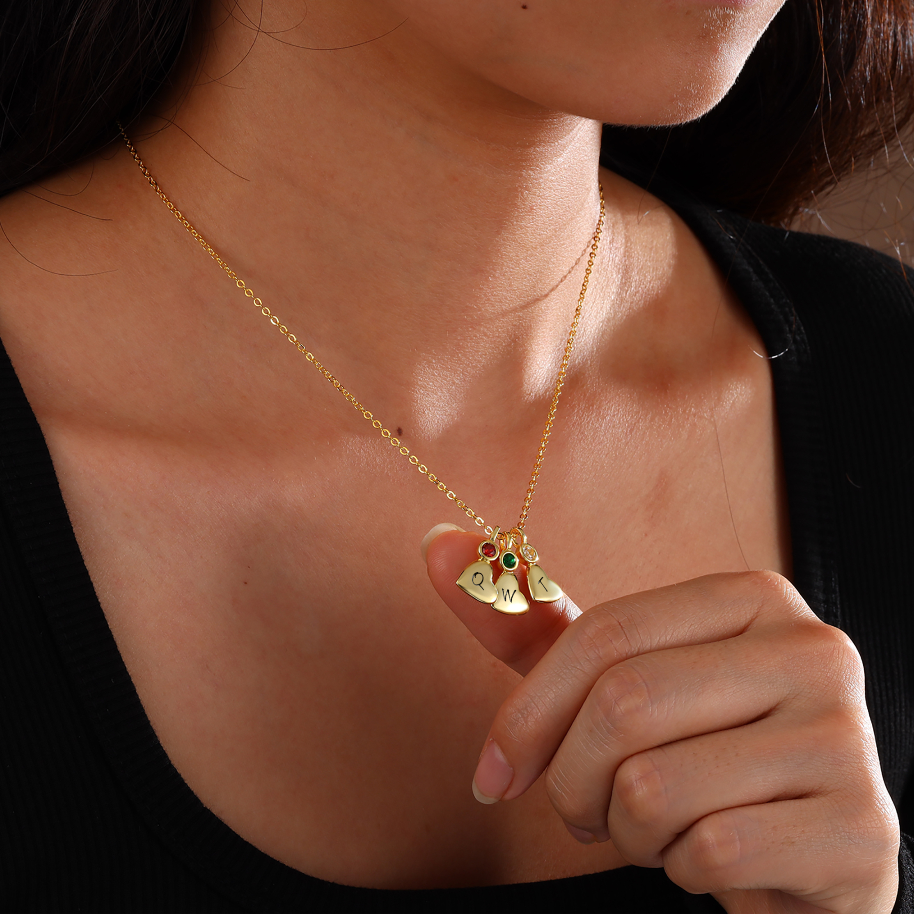 Collier Pendentif Cœur 2 Lettres Personnalisées avec Pierre de naissance pour Femmes
