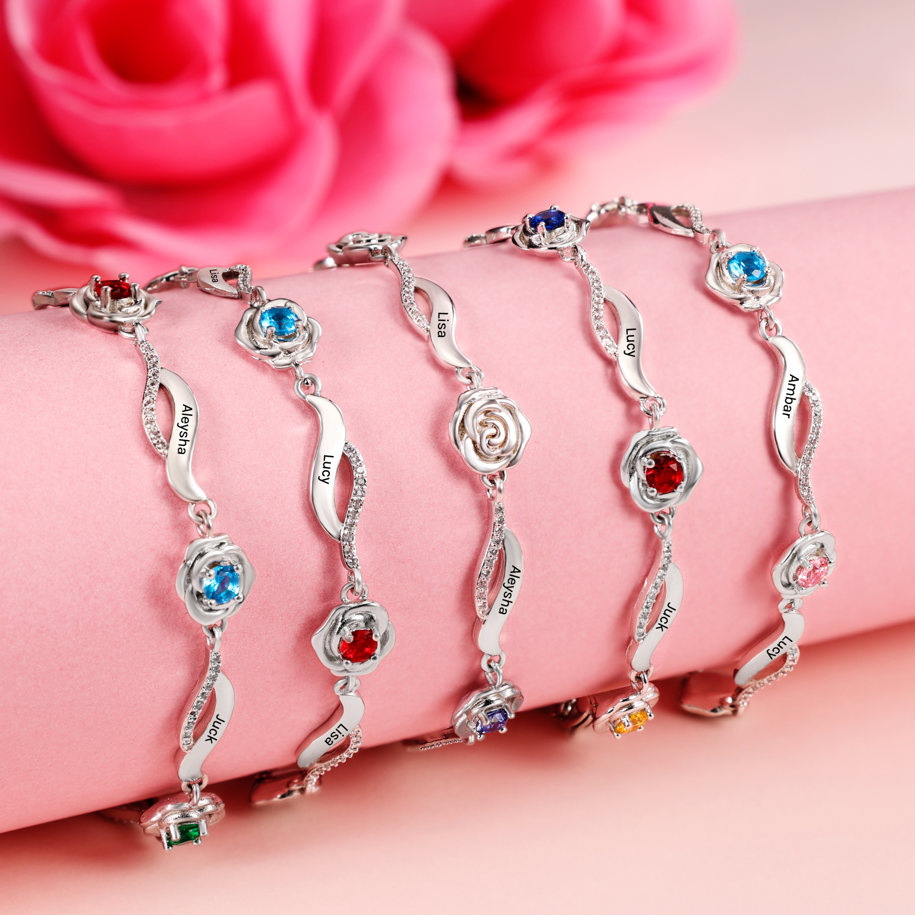 Bracelet Roses 1-5 Prénoms Personnalisés avec Pierres de Naissance - 2 Prénoms