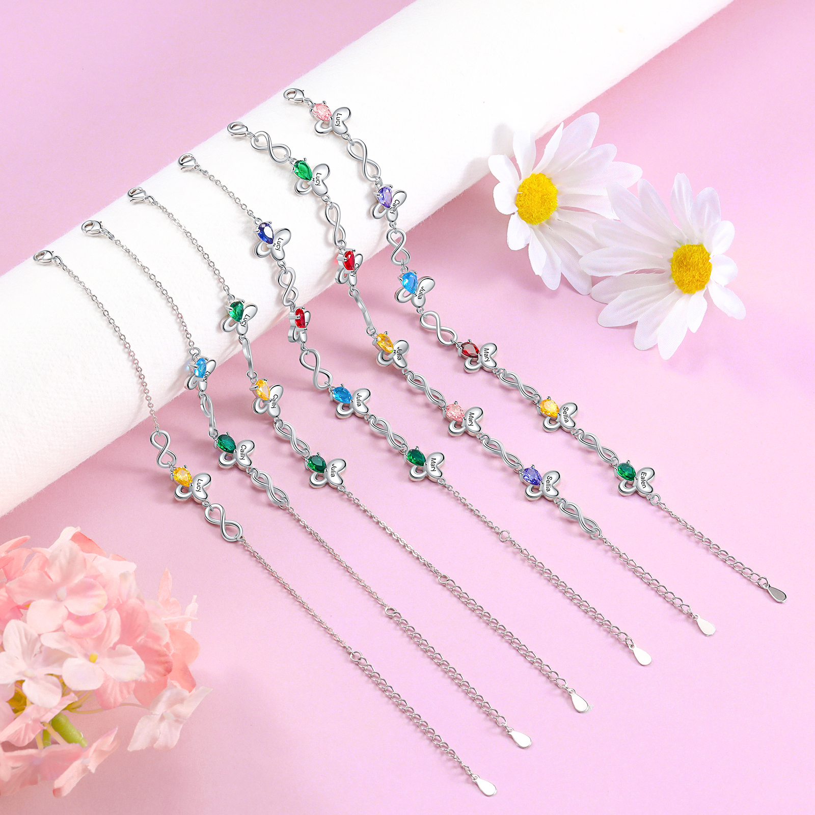 Bracelet papillon 2 Prénom Personnalisé avec 2 Pierre de Naissance