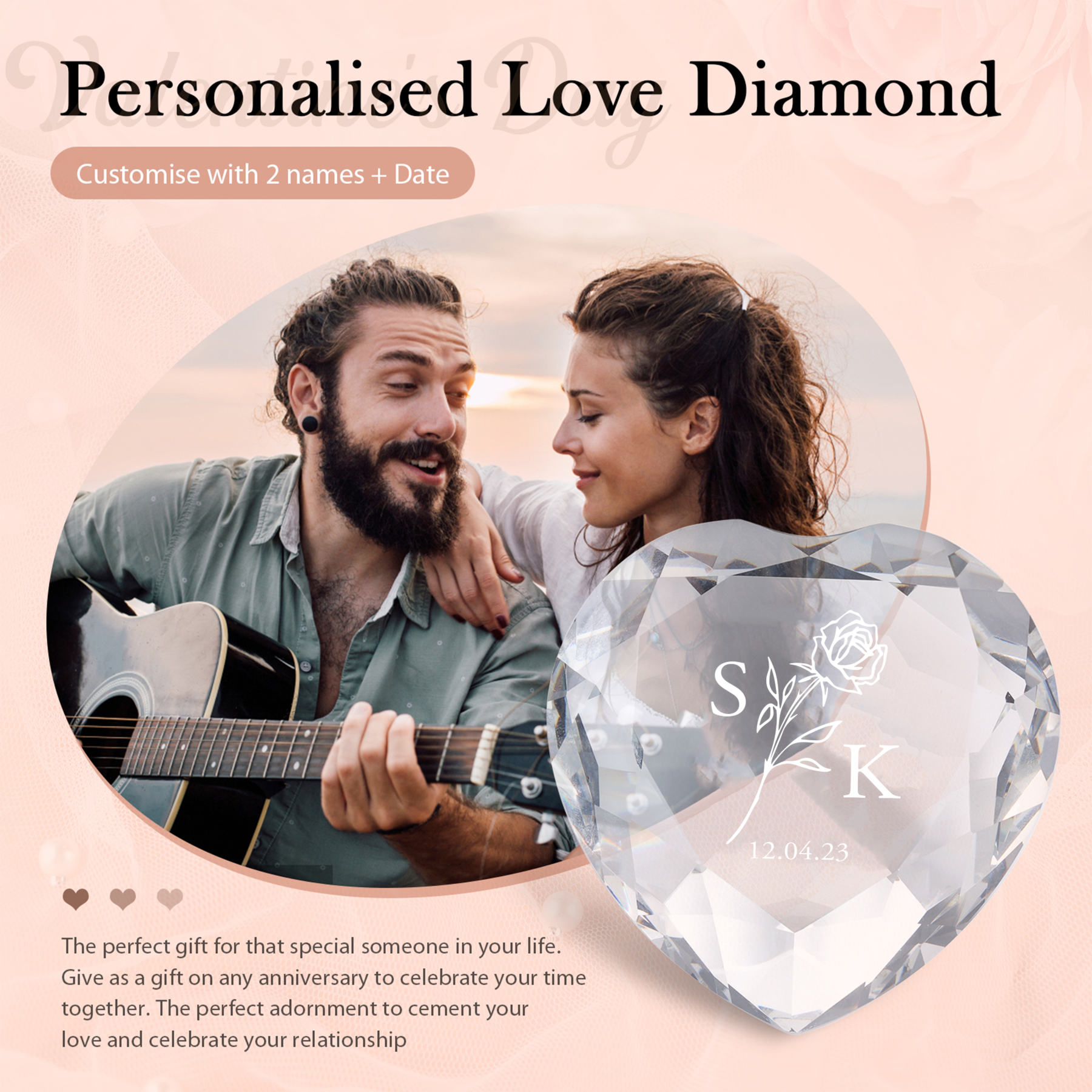 Décoration Cristal Cœur 2 Lettres Personnalisées avec Date pour Couple