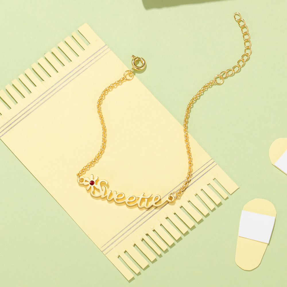 Bracelet Enfant Fleur 1 Prénom Personnalisé avec 1 Pierre de Naissance