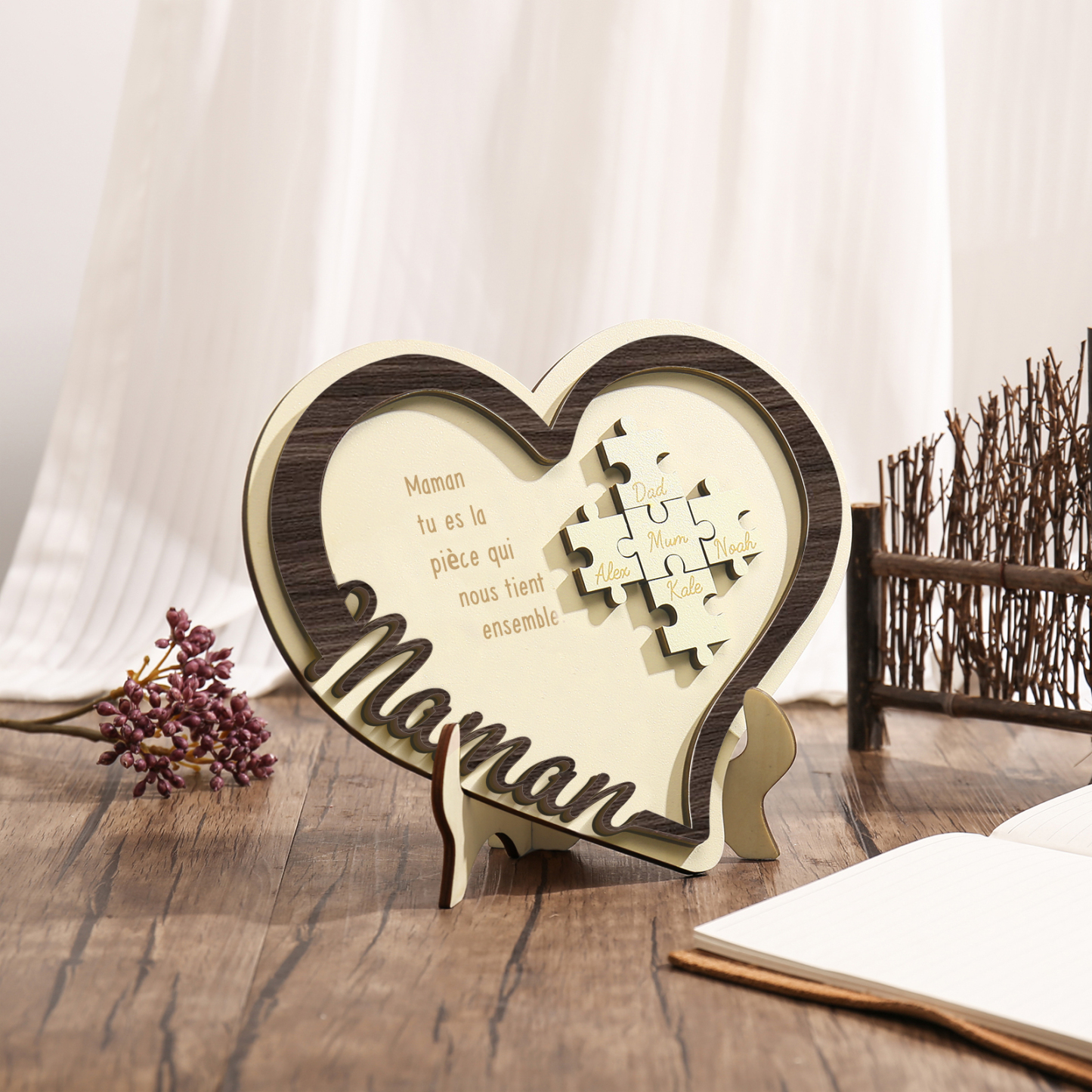 À ma Maman - Décoration en bois Cœur Puzzle 5 Prénoms Personnalisés Ornement pour Famille
