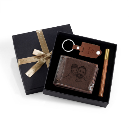 Coffret Cadeau 3PCS - Portefeuille classique Porte-Clés et Stylo 3 Textes Personnalisés avec 2 Photos Coffret Cadeau pour Homme
