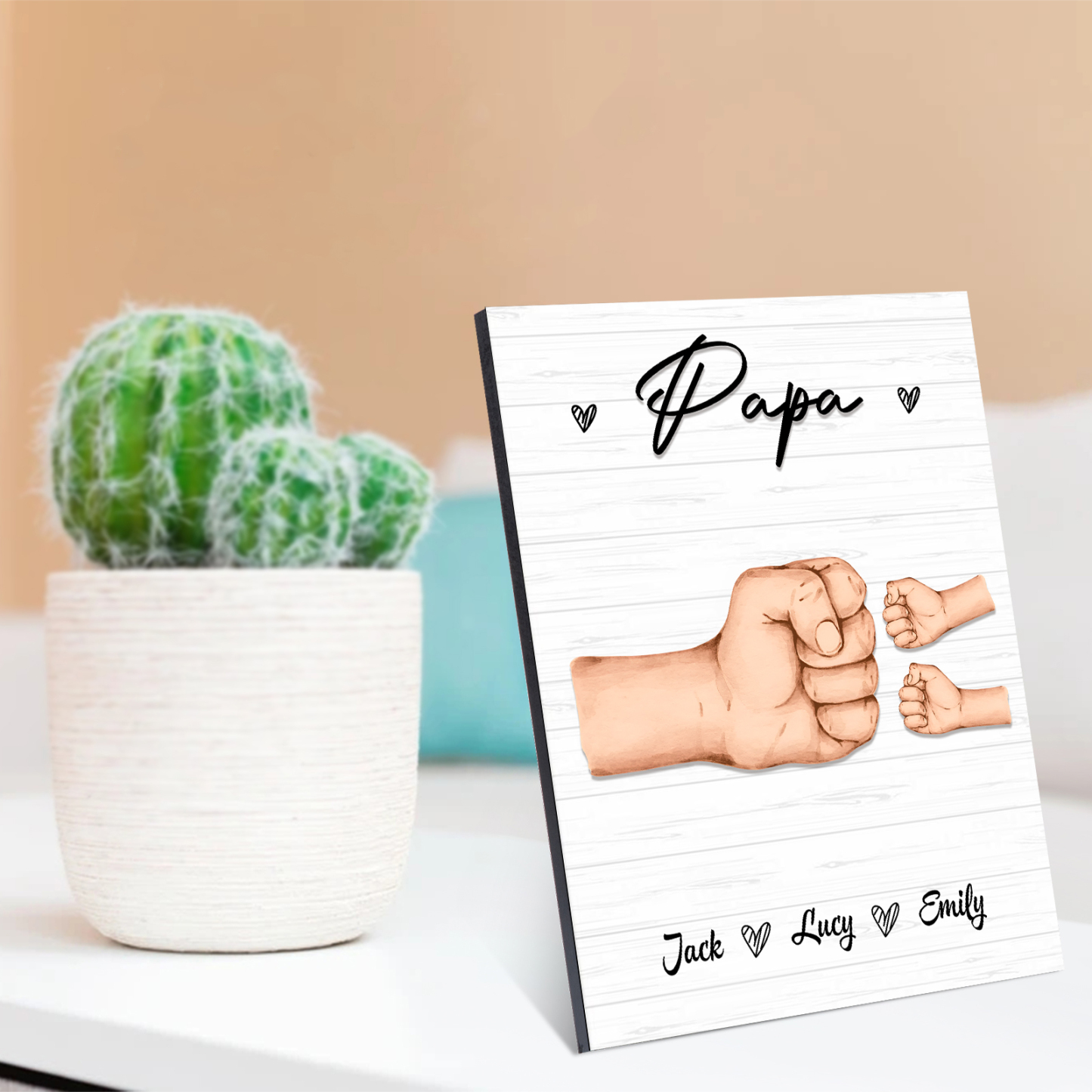 À Mon Papa/Papi-Cadre en Bois Poings 3 Prénoms Personnalisés avec Texte