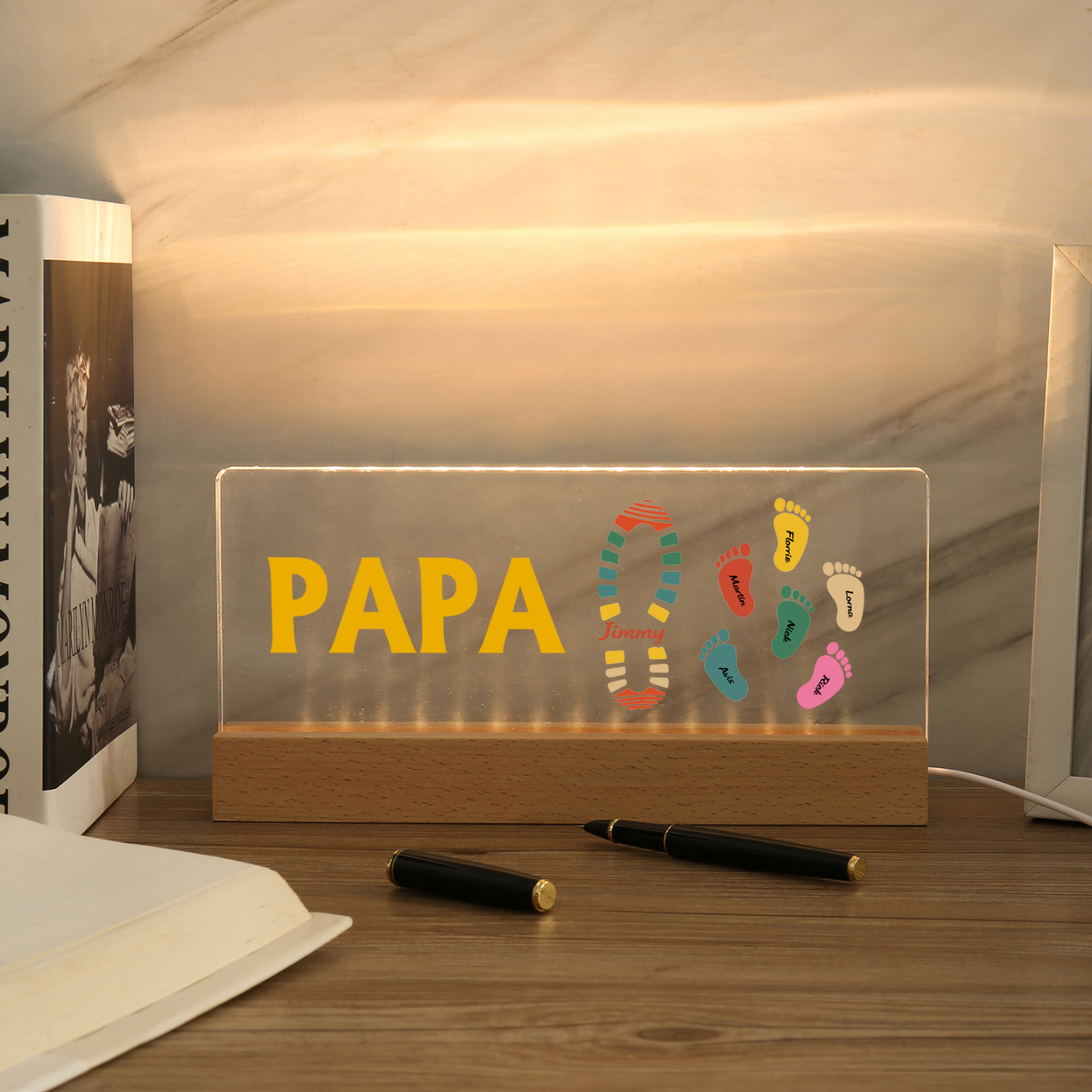 À mon Papa/Papi- Lampe de chevet LED Pieds Bébé 7 Prénoms Personnalisés avec Texte