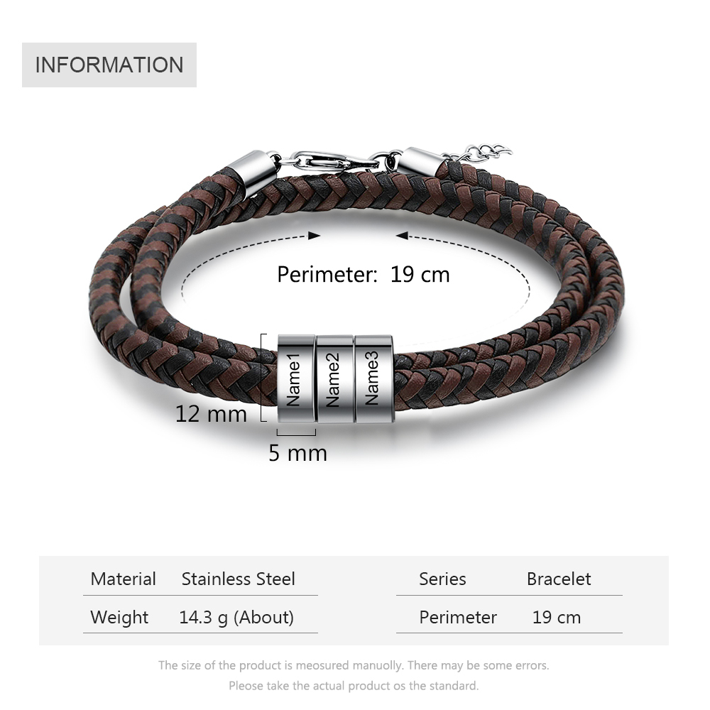 Bracelet Homme Personnalisé en Cuir Tressé et Acier Inoxydable | Gravure de 3 Noms