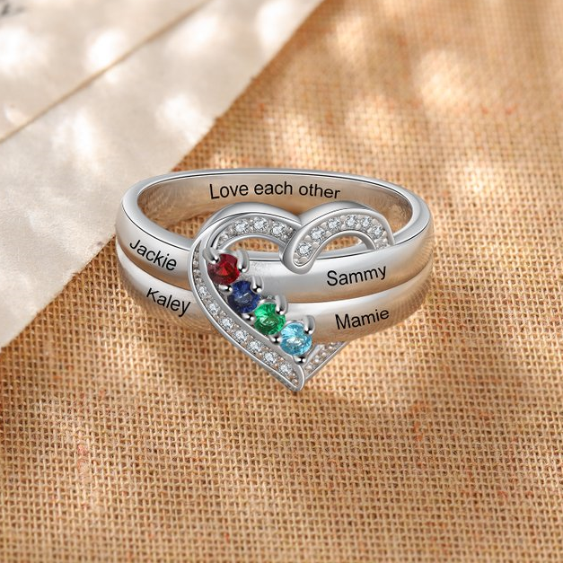 Bague Argent 925 4 Prénom Personnalisé avec 4 Pierre de Naissance