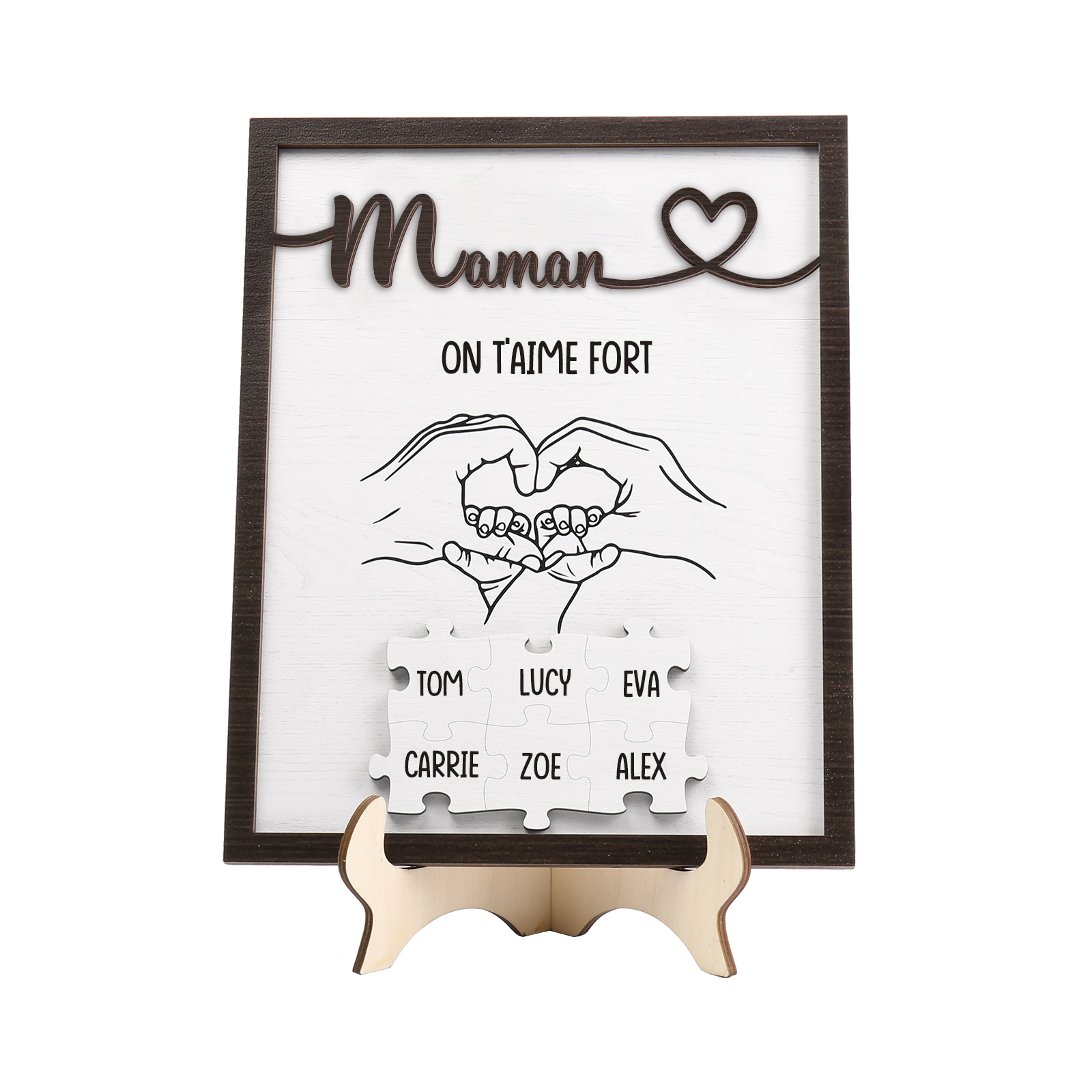 À Maman - Décoration en bois Mains et Puzzles 6 Prénoms et 1 Texte Personnalisés Ornement Famille