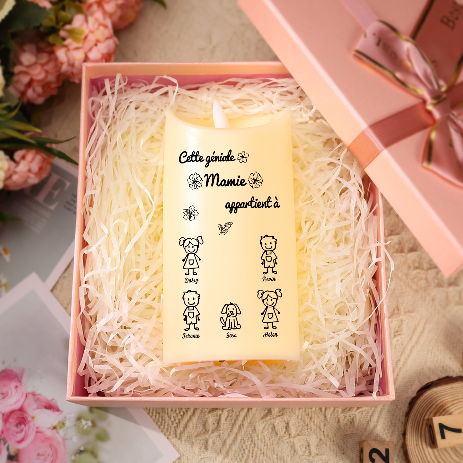 À Mamie - Bougie Électronique 5 Prénoms Personnalisés avec 5 Dessins Bougie LED Avec Coffret pour Mamie | Jessemade