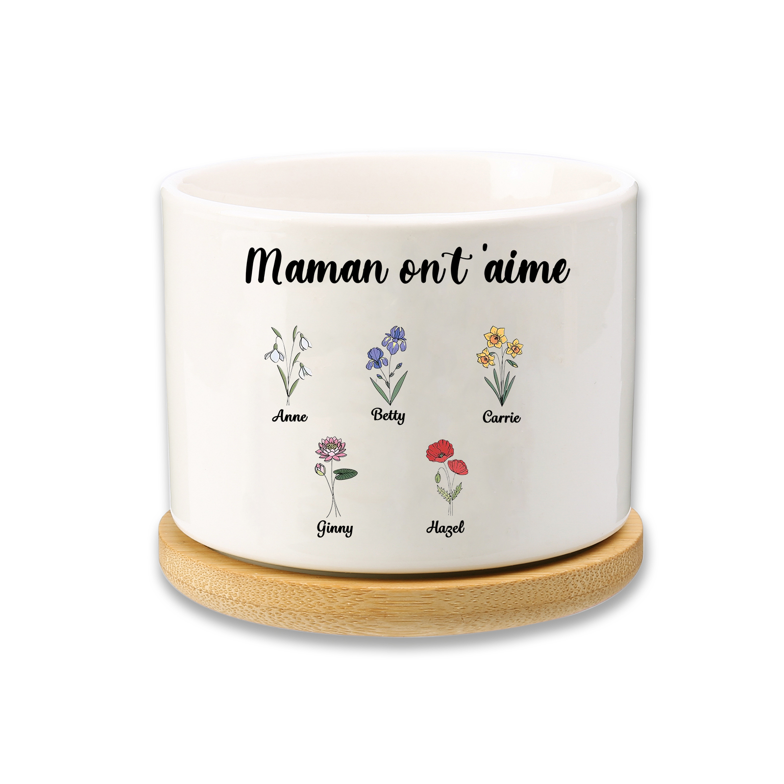 Vase/Pot de Fleurs 5 Prénoms et 1 Texte  Personnalisés avec Fleurs de Naissance Décoration de la Maison (sans plantes)