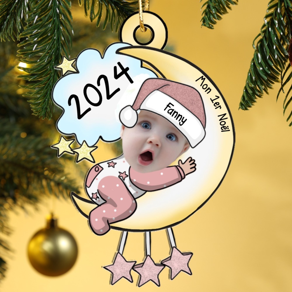 Décoration Sapin Noël Bébé 1 Prénom Personnalisé avec Photo et Texte en Acrylique | Jessemade