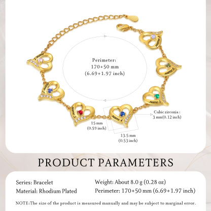 Bracelet Cœur 1-7 Préoms Personnalisés avec Pierres de Naissance pour Femme