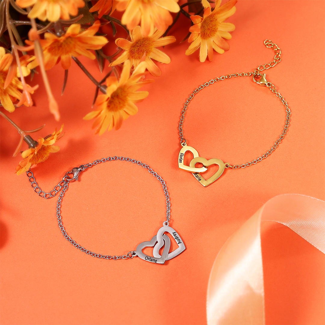 Bracelet 2 Prénoms Personnalisés avec 2 Cœurs