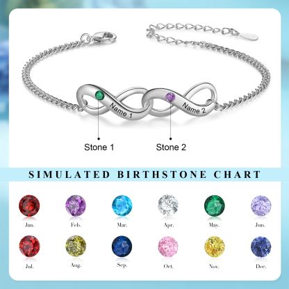 Bracelet Infini 2 Prénoms Personnalisés avec Pierres de Naissance pour Femme