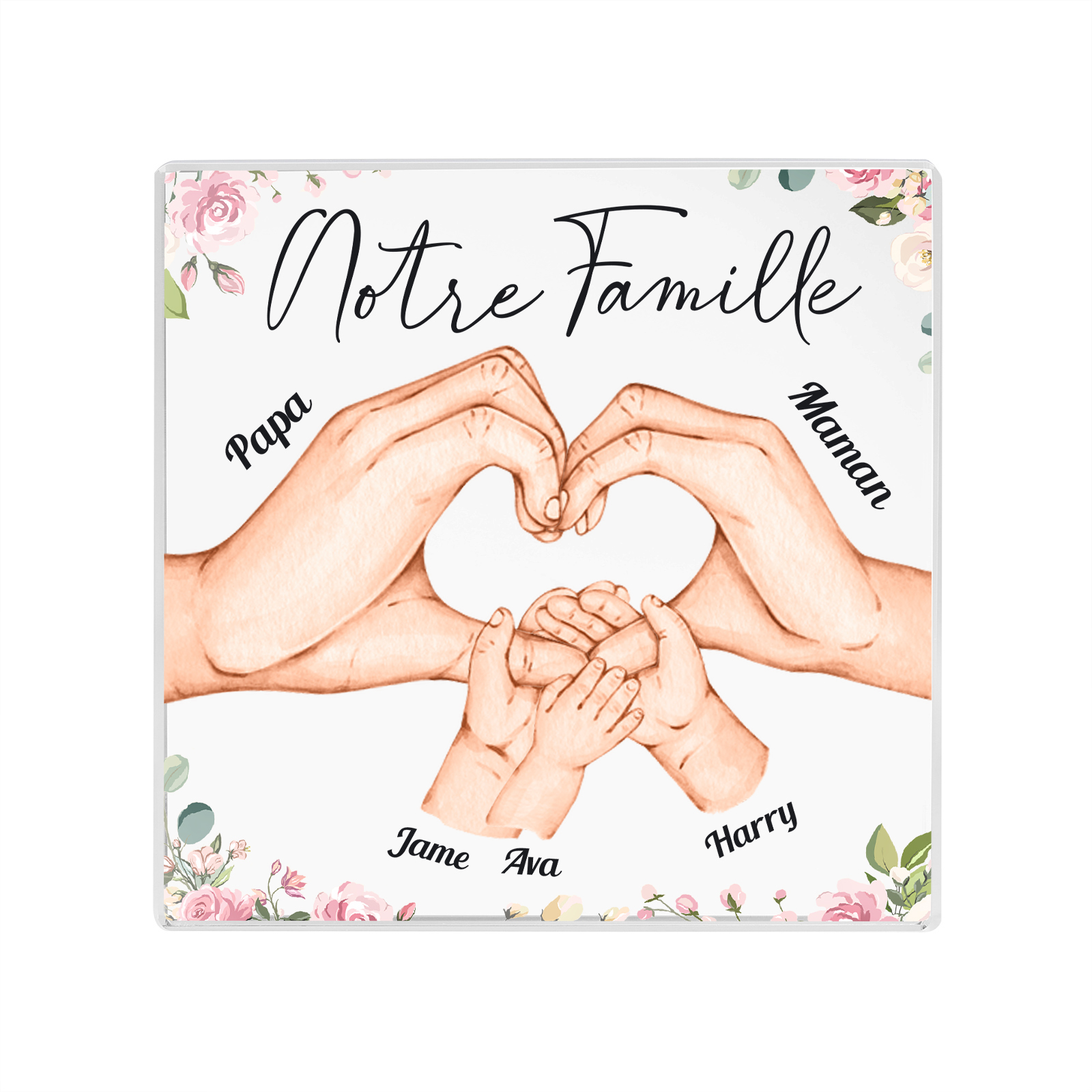 À ma Famille - Plaque Acrylique Carrée la Main dans la Main 5 Prénoms Personnalisés avec Texte
