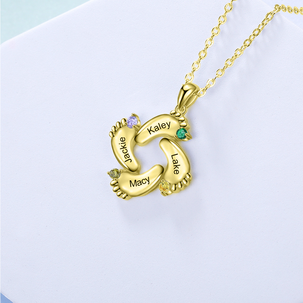 Collier 4 Prénom Personnalisé pied bebe avec pierre de naissance