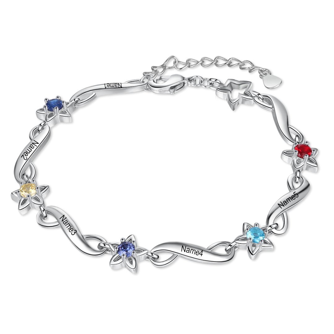 Bracelet infini à Breloque 5 Prénom Personnalisé avec 5 Pierre de Naissance