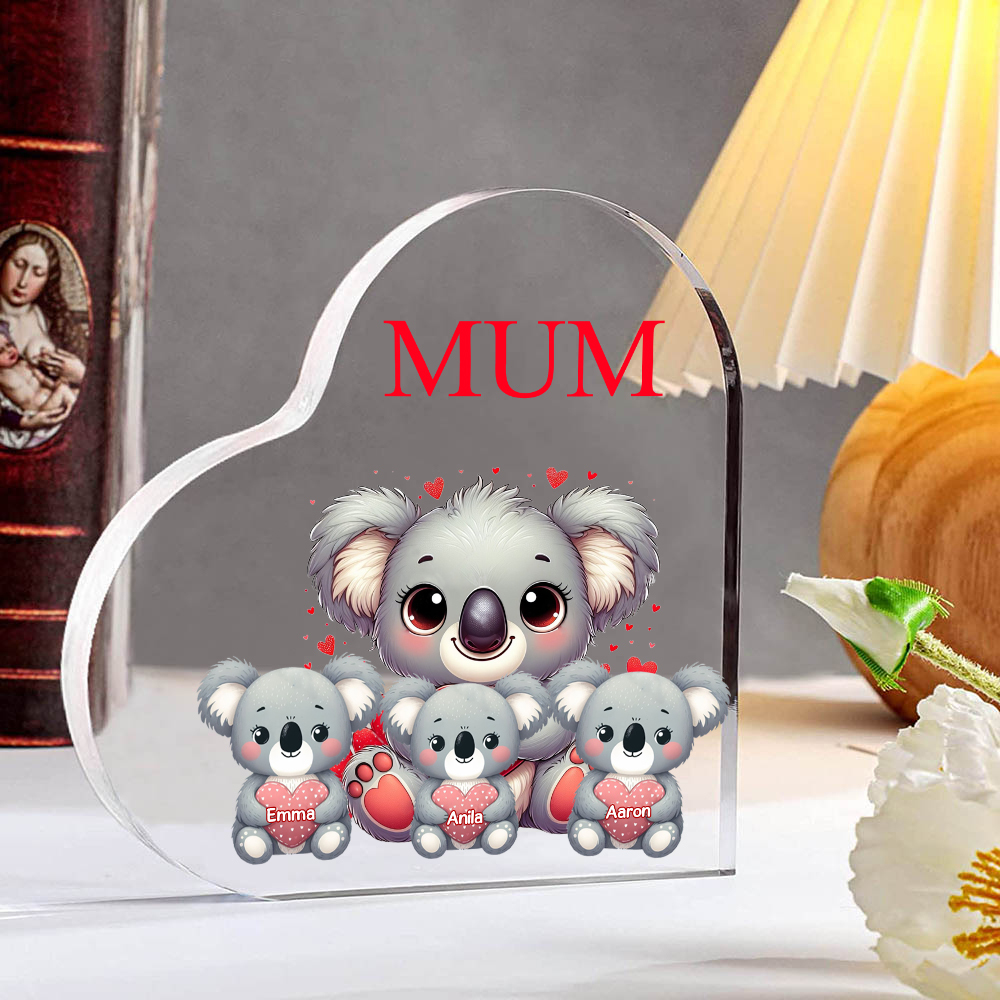 À ma Maman/Mamie - Plaque Acrylique en Forme de Cœur Koala 3 Prénoms Personnalisés avec 1 Texte