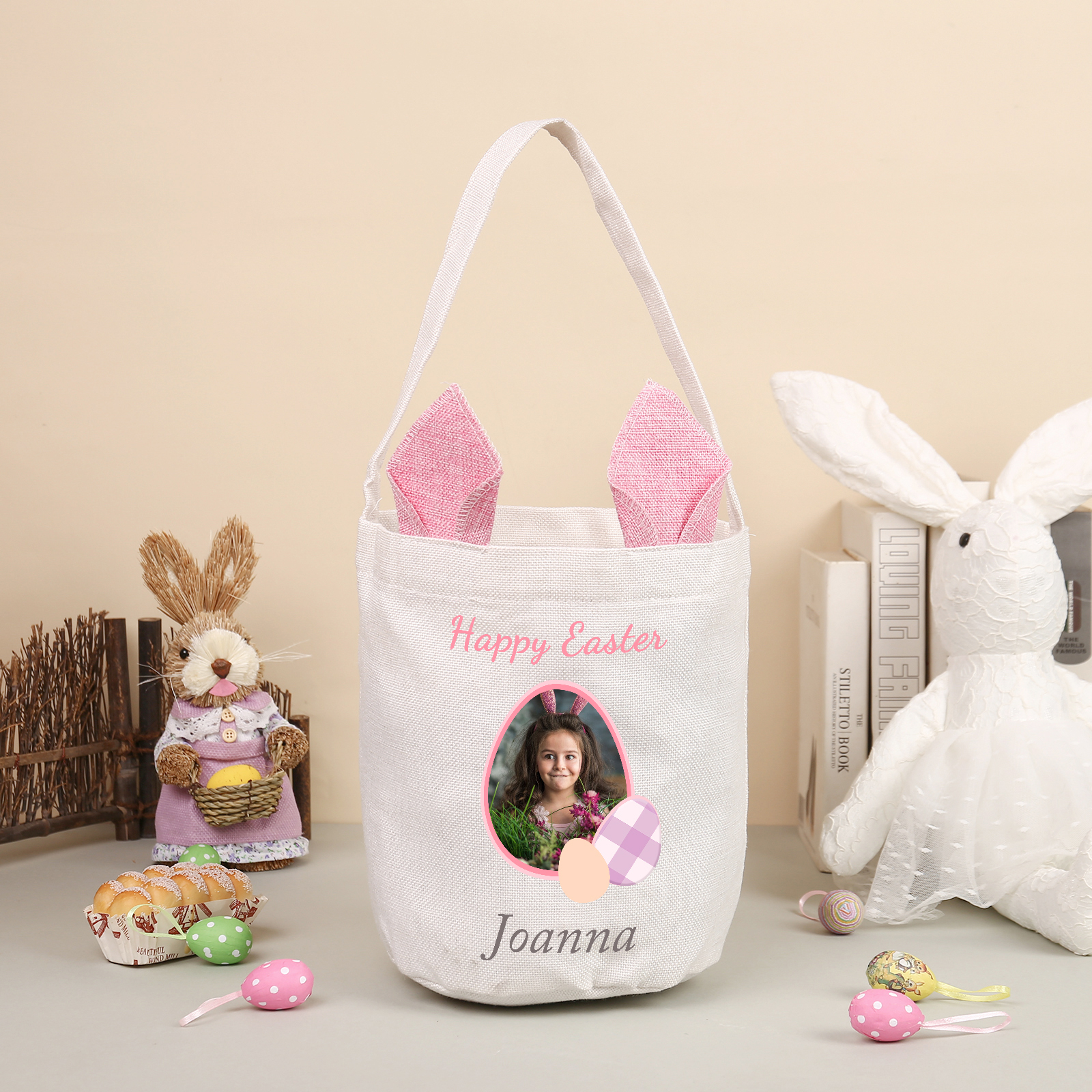 Sac de Pâques Lapin 1 Prénom et Photo Personnalisés avec Texte