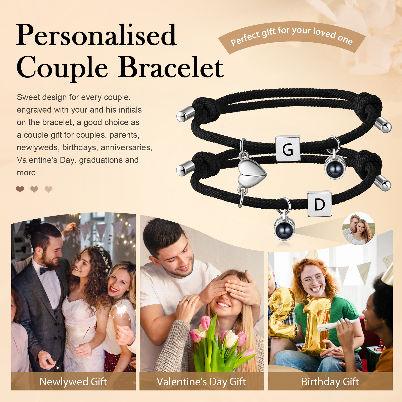 2PCS Bracelets Projection de Pierres 2 Lettres et 1 Photo Personnalisés Bracelets magnétiques pour Couple