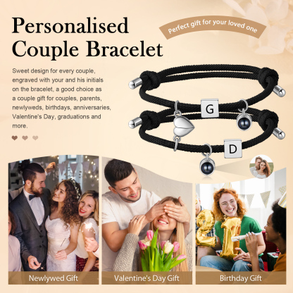 2PCS Bracelets Projection de Pierres 2 Lettres et 1 Photo Personnalisés Bracelets magnétiques pour Couple