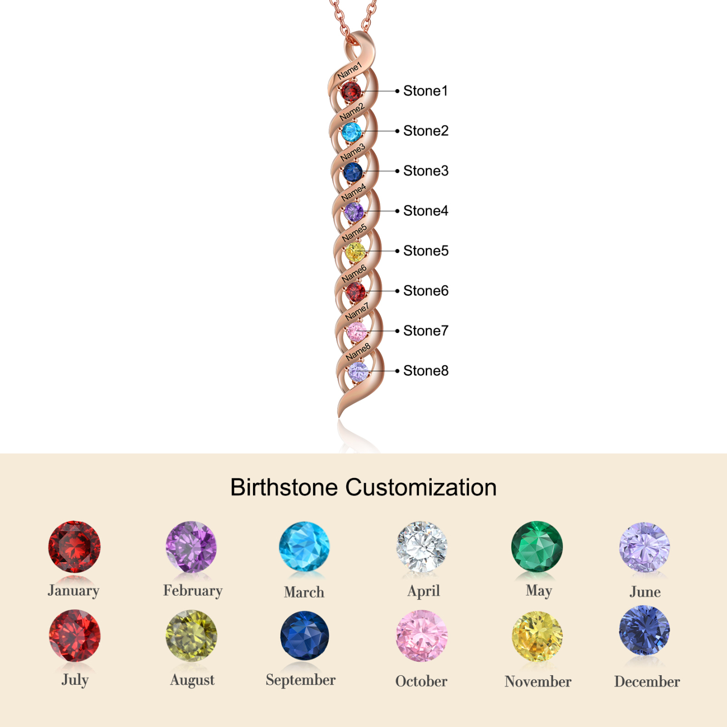 Collier Femme 8 Prénoms Personnalisés avec 8 Pierres de naissance