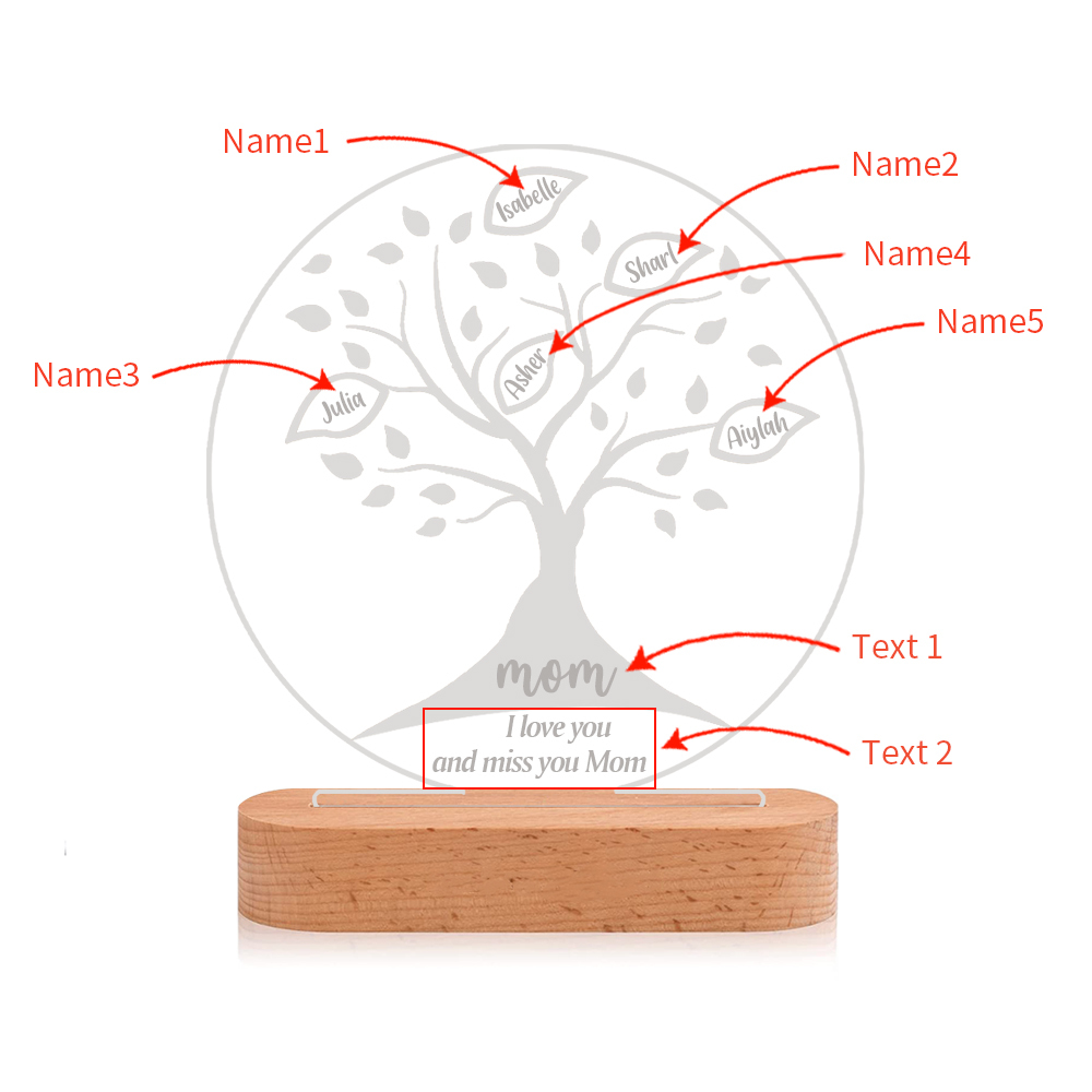 Lampe de chevet LED Arbre de vie Arbre généalogique 5 prénoms personnalisés avec 2 textes