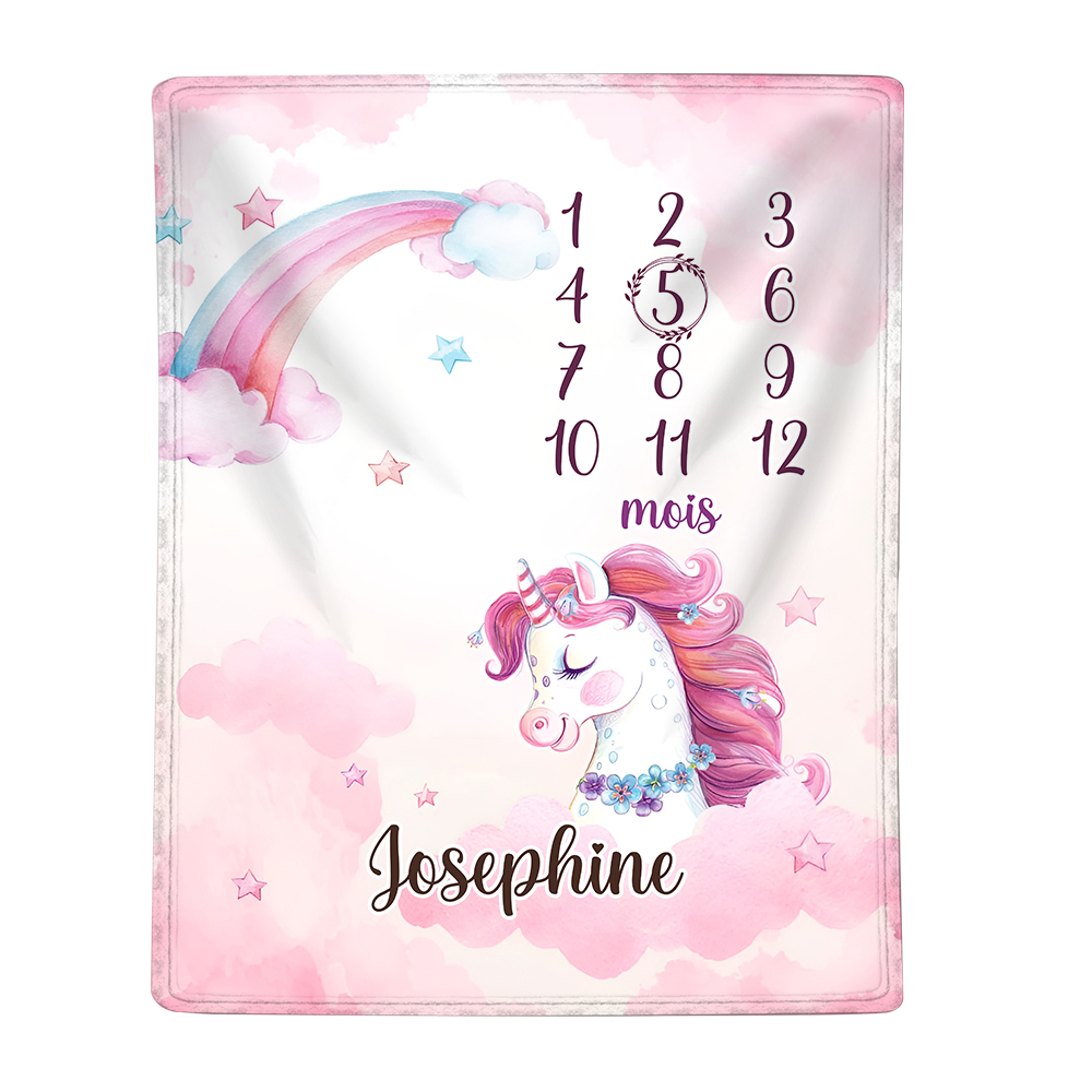 Couverture Plaids Polaire mensuelle Licorne 1 Prénom et Mois Personnalisés pour Bébé cadeau personnalise bebe 1 an | Jessemade