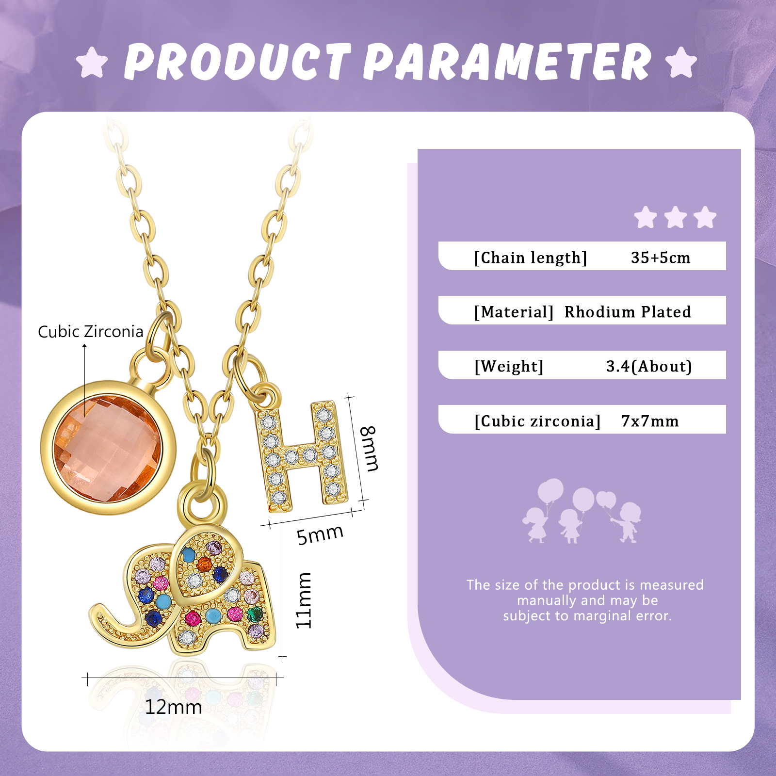 Collier Enfants Bébé Collier Éléphant 1 Pierre de Naissance et 1 Lettre pour Fille Filleule