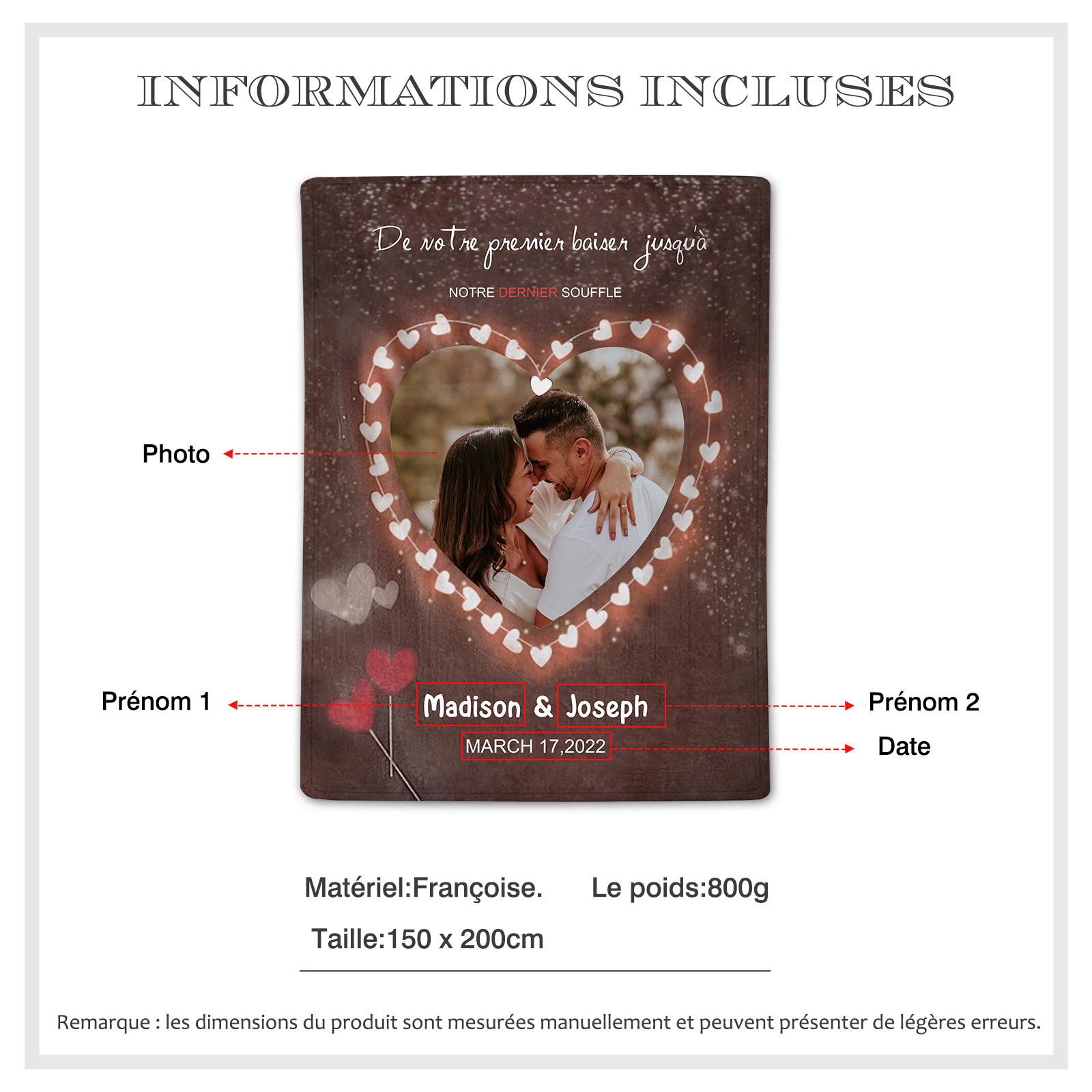 Couverture Plaids Polaire 2 Prénoms Personnalisés avec Date et Photo pour Couple | Jessemade