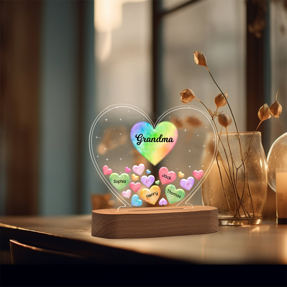 À Maman/Mamie - Lampe de chevet LED Cœurs 4 Prénoms Personnalisés avec 1 Texte