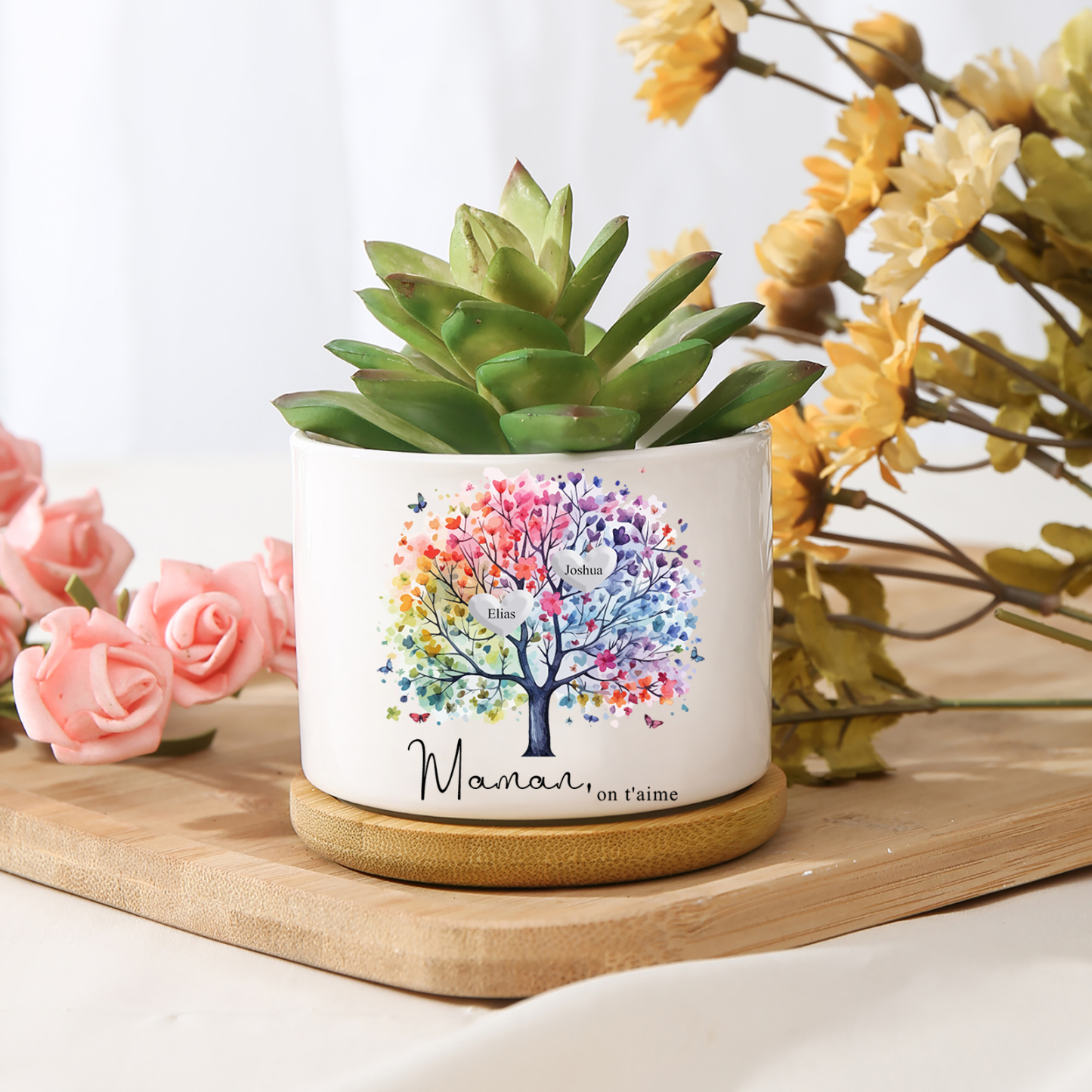 Vase/Pot de Fleurs Arbre 2 Prénoms Personnalisés avec Texte Décoration de la Maison (sans plantes)