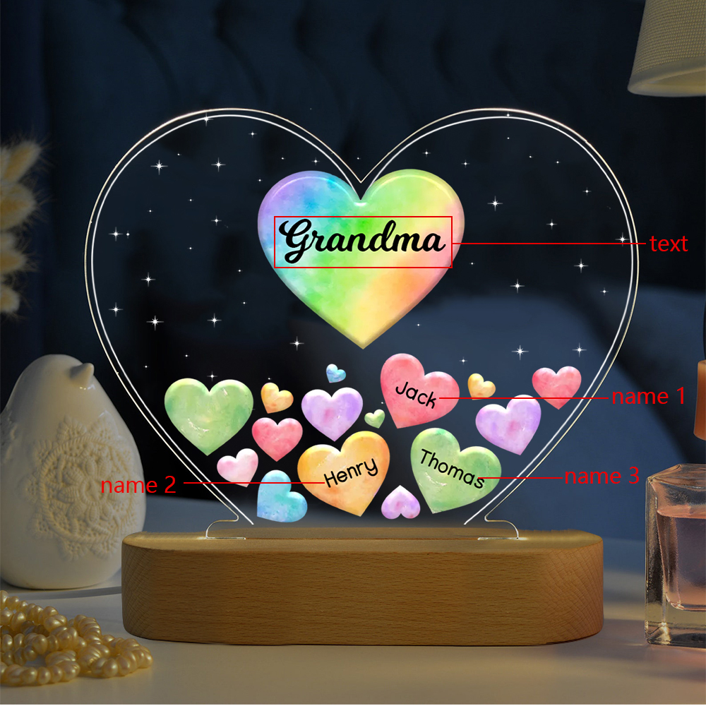 À Maman/Mamie - Lampe de chevet LED Cœurs 3 Prénoms Personnalisés avec 1 Texte