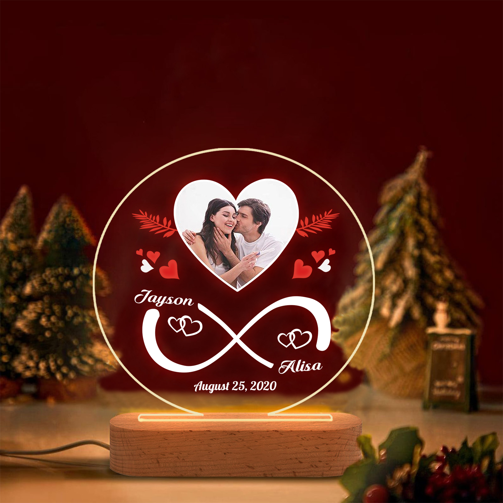 Lampe de chevet Couple LED Lumières 2 Prénoms et 1 Photo Personnalisés avec Date